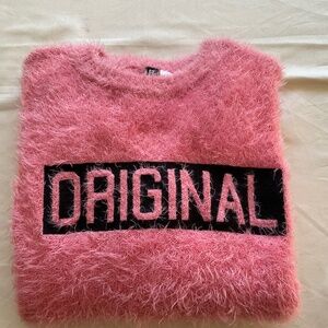 H&M Pink &Black Fluffy Jumper Size M ORIGINAL 100% Polyester